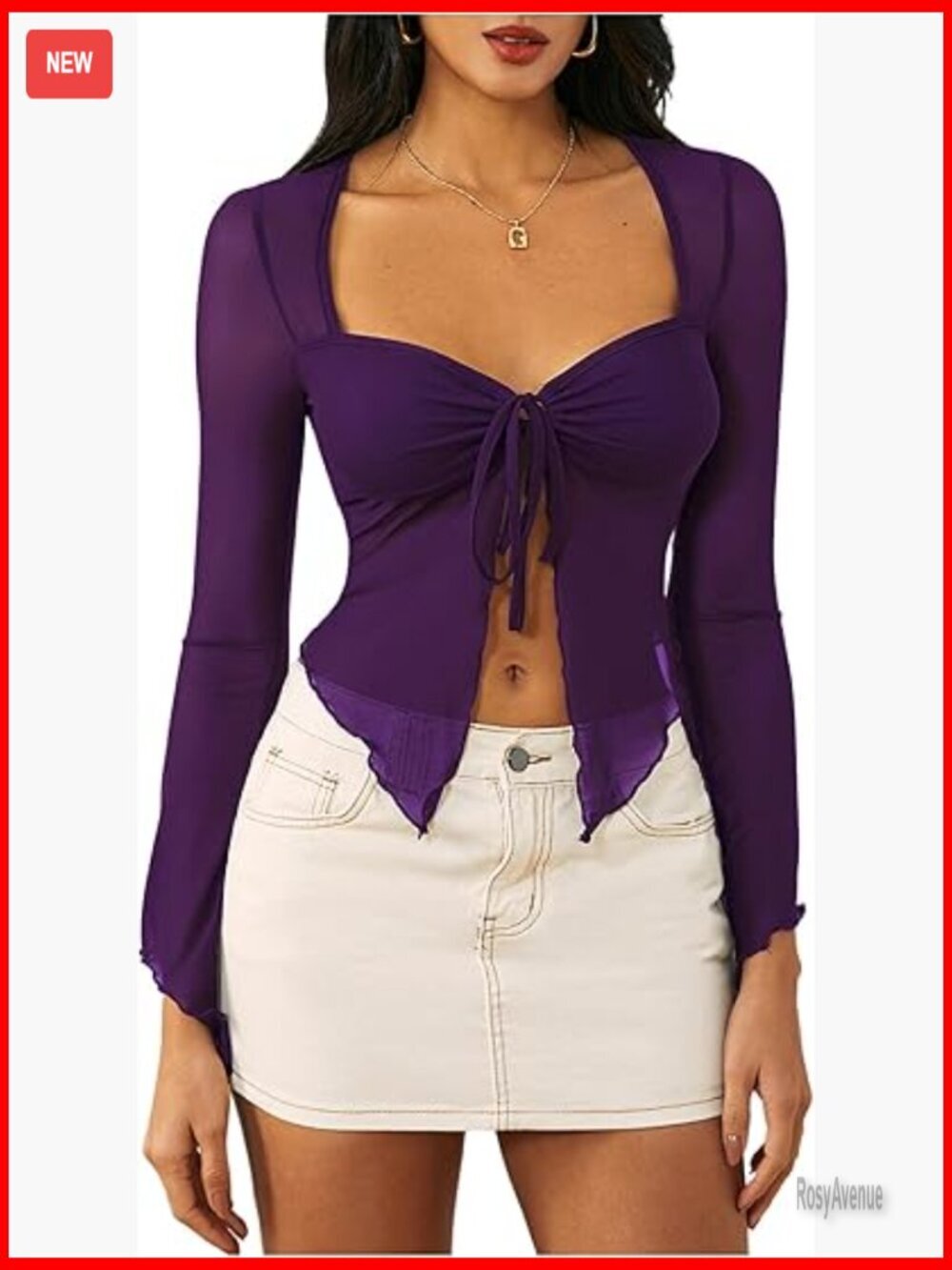 Long Sleeve Mesh Bell Sleeve Top Sexy Tie Front Asymmetrical
